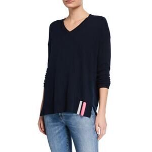 Lisa Todd Patch V-Neck Cotton/Cashmere Sweater Sequin Elbow Patches Navy XS